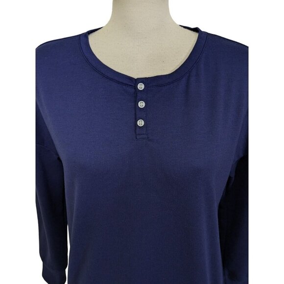 Splendid Henley Tunic Top Womens M Navy Blue Long Sleeve Ribbed Hem Side Splits - Picture 2 of 8